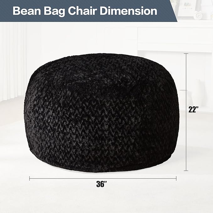 Hobestluk 3ft Bean Bag Chairs for Adults Large Beanbag Chair with Chevron Plush Fur Cover Big Bean Bag Chair for Living Room Bedroom Dorm Office - Black (36” x 36” x 22”)