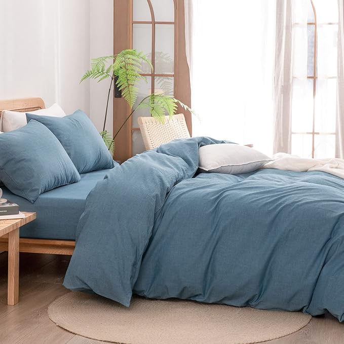 BESTOUCH Duvet Cover Set 100% Washed Cotton Linen Feel Super Soft Comfortable Chic Lightweight 3 PCs Home Bedding Set Solid Dark Blue Full/Double