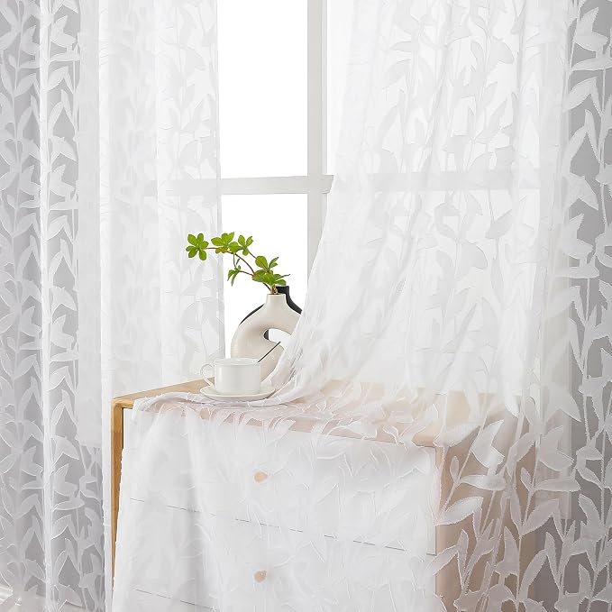 Lecloud Leia White Sheer Curtains 63 Inch Length 2 Panels, Rustic Light - Image 7