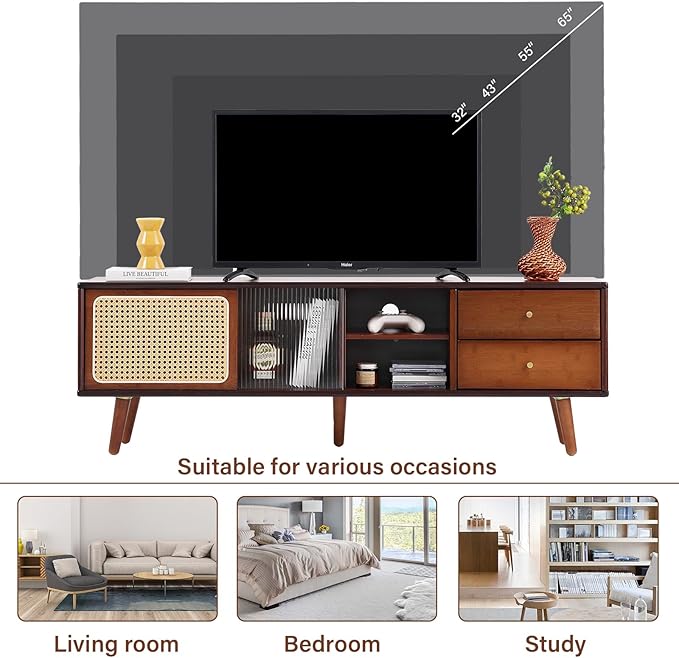 Tiita Rattan TV Stand for 55 65 Inch TV, Bamboo TV Cabinet with 2 Drawers, Boho Entertainment Center with Adjustable Shelf, Mid Century Modern Media Console for Bedroom, Living Room, Walnut