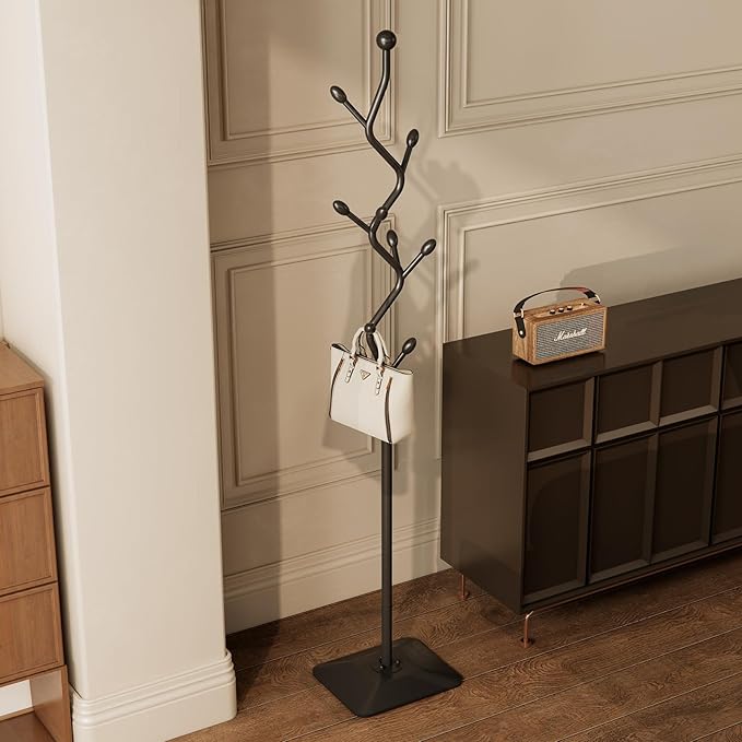 Tree-shaped coat rack stand,Metal coat tree with 8 Hooks and sturdy cast iron base,Heavy Duty coat rack freestanding coat hanger stand for Clothes Hats Scarfs Purses (black)