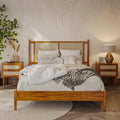 Bme Oliver Headboard Queen Size Bed Frame - 15-Inch Signature Design with Rattan Headboard, Bohemian and Mid Century Style, 12-Slat Wood Support, No Box Spring Needed - Easy Assembly, Caramel