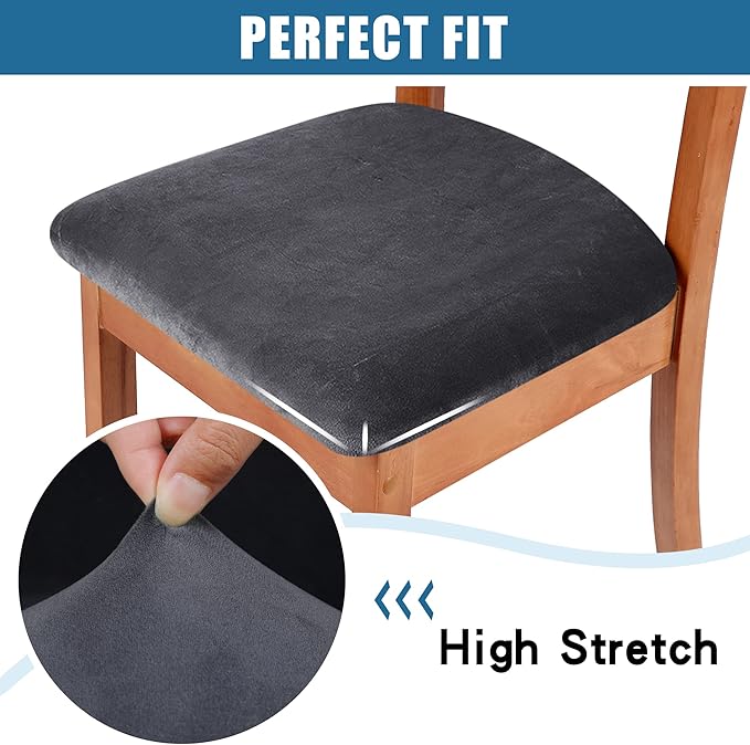 Smiry Velvet Seat Covers for Dining Room Chair Set of 2, Stretch Fit Removable Washable Chair Seat Cushion Protector Slipcovers with Ties, Dark Grey
