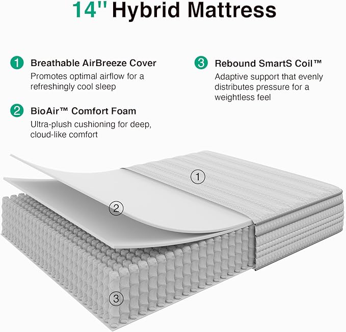 Novilla Queen Mattress, 14 Inch Queen Size Mattresses in a Box with Smarts™ Pocket Coil for Pressure Relief, Medium Firm Foam and Spring Hybrid Colchones with CertiPUR-US Certified