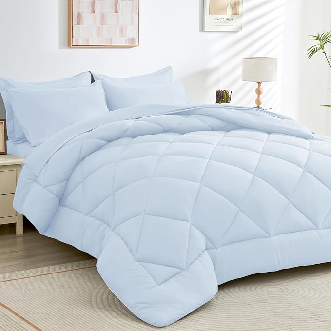 HEVUMYI Light Blue King Comforter Set - 7-Piece All Season Bed in a Bag King, Ultra Soft Bedding Set with Comforter, Flat Sheet, Fitted Sheet, Pillowcases, Pillow Shams