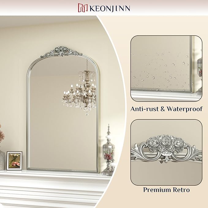 Keonjinn Vintage Arched Mirror for Wall, 20" x 30" Silver Mirror with Metal Frame, Ornate Vanity Mirror, Baroque Arch Mirror, Decorative Brass Mirror for Mantle, Living Room, French Cleat Mounting