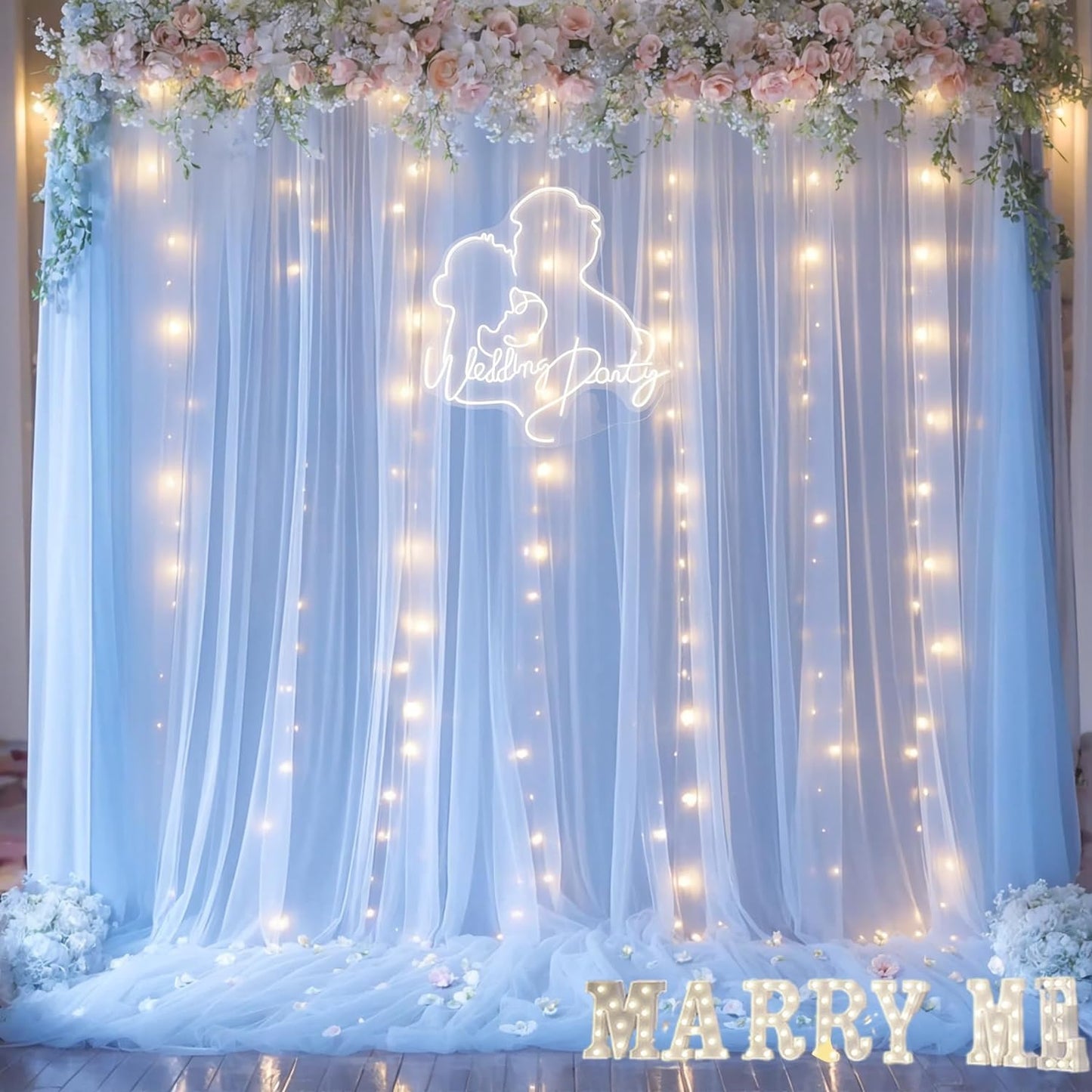 Blue Tulle Backdrop Curtains with Lights String for Parites Baby Shower 30×10ft Blue Sheer Backdrop Curtains Drapes for Bridal Shower Birthday Party Photo Shoot Background Decorations(6 Panels 5×10ft)