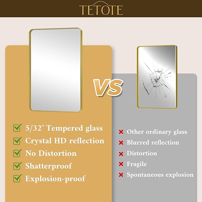 TETOTE 60 x 36 Gold Mirror Brushed Gold Metal Framed Bathroom Mirror, Tempered Glass, Modern Farmhouse Wall Mounted Mirror for Decorative(Horizontal/Vertical)