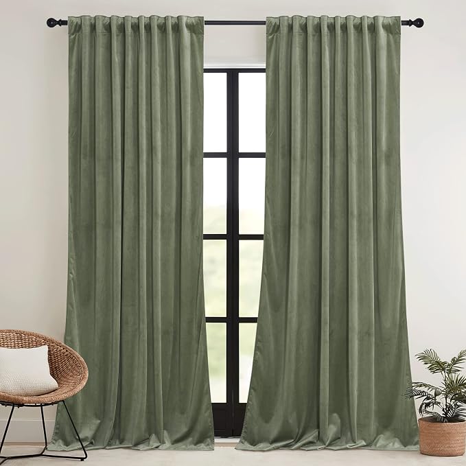 RYB HOME Sage Green Velvet Curtains 96 inch, Room Darkening Super Soft Velvet - Image 2