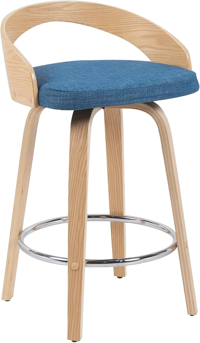 Sonia Modern Swivel Counter Height Bar Stool with Blue Upholstered Seat and Patterned Oak Wood Finish Set of 2