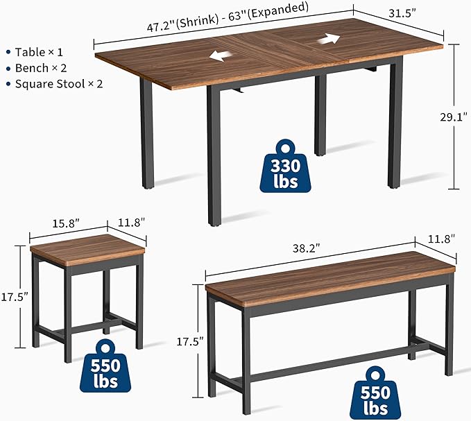 Garvee 5 PCs Extendable Dining Table Set for 4-8 People, 63 Inch Kitchen Table with 2 Benches & 2 Stools, Modern Dining Room Furniture Sets, Easy Assembly