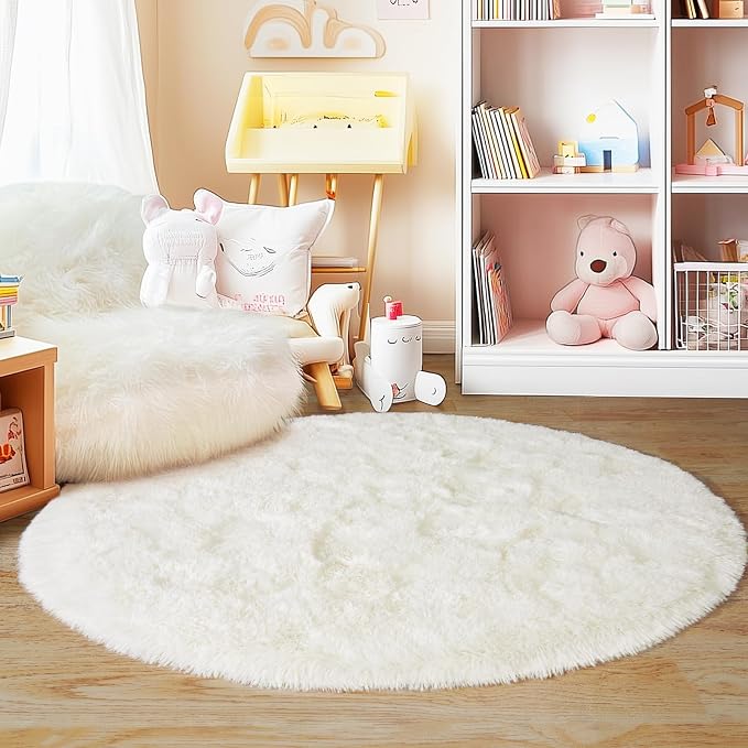 3'x3' Cream Round Rugs for Girls Bedroom, Ultra Soft Fluffy Circle Rug for Kids - Image 9
