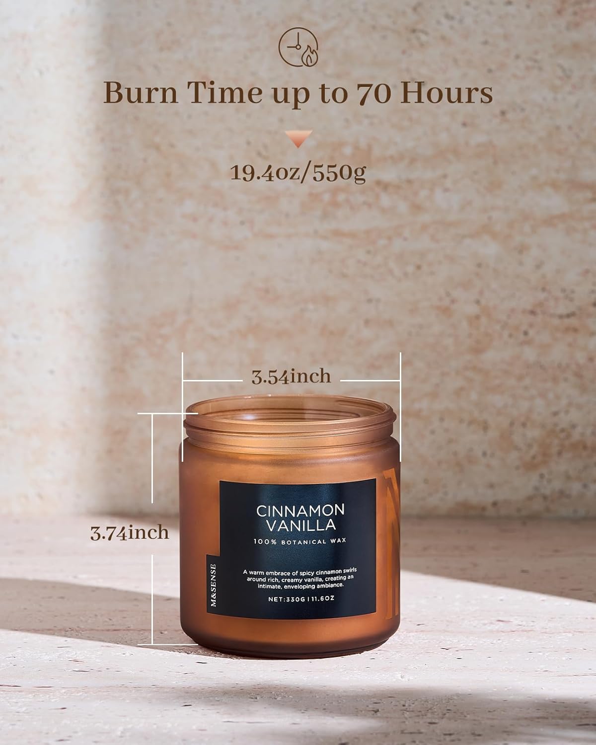 M&SENSE Cinnamon Vanilla Fall Scented Candles for Home, Natural Soy Wax 11.6oz 70 Hours Large Long Lasting Strong Scented Classic 2 Wicks Jar Candle Gift for Housewarming