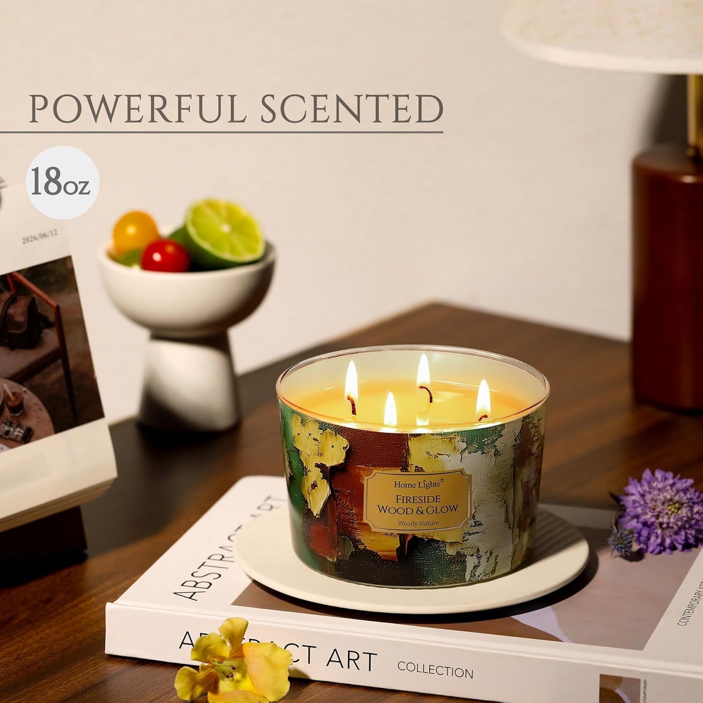 HomeLights 4-Wick Candles for Home Scented - 18oz Soy Wax Blend Candle Long-Lasting Fragrance, Industrial Chic Home Decor and Housewarming Gifts, Fireside Wood & Glow