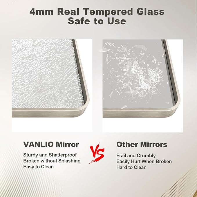 48x30 Inch Brushed Nickel Bathroom Mirror, Large Brushed Silver Metal Framed Wall Mirror, Rounded Corner Rectangle Modern Vanity Mirror, Tempered Glass, Anti-Rust, Shatterproof (Horizontal/Vertical)