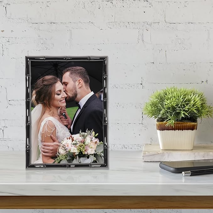 Lawrence Frames 5x7 Black Polished Metal Picture Frame with Bamboo Design