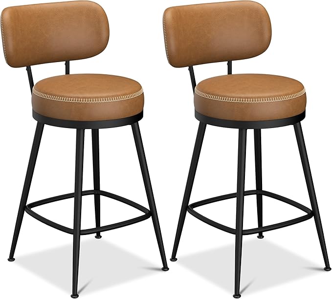 Counter Height Bar Stools, 26" H Swivel Barstools Set of 8, Faux Leather Kitchen Counter Stools with Back and Stylish Stitching, Metal Frame, Pub, Home Bar, Whisky Brown