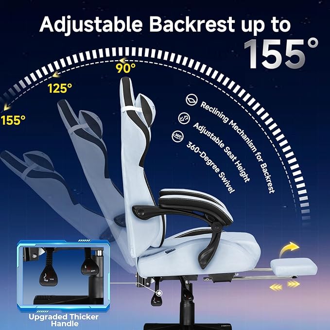 GTPLAYER Gaming Chair, Video Game Chairs with Footrest and Lumbar Support, Computer Chair for Adults with Extended Backrest, Ergonomic Reclining Silla Gamer, Velvet Fabric, Light Blue