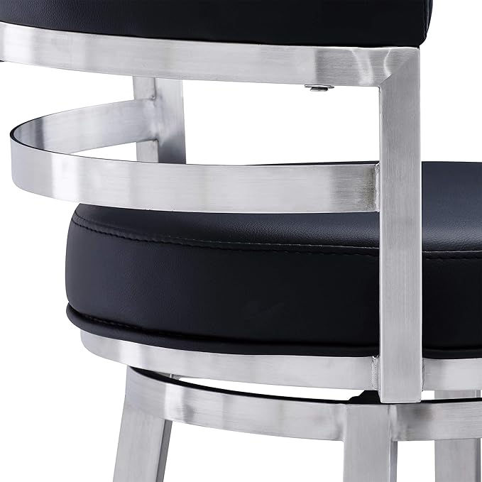 Armen Living Titana 30" Bar Height Swivel Black Faux Leather and Brushed Stainless Steel Bar Stool