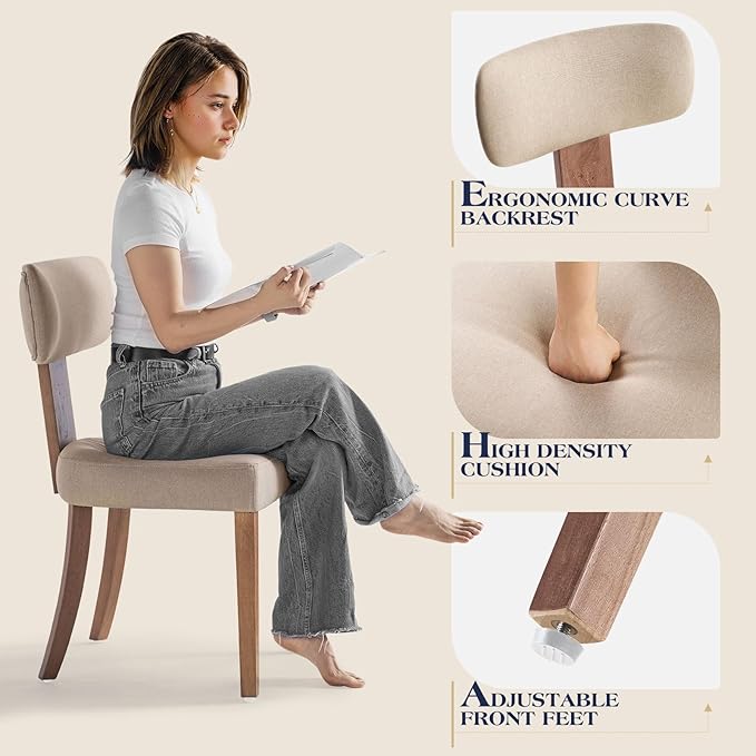 Mid Century Modern Dining Chairs Set of 2, Linen Upholstered Kitchen Chairs with Curved Backrest & Adjustable Legs for Living Room/Bedroom/Lounge, Easy to Install, Beige Linen