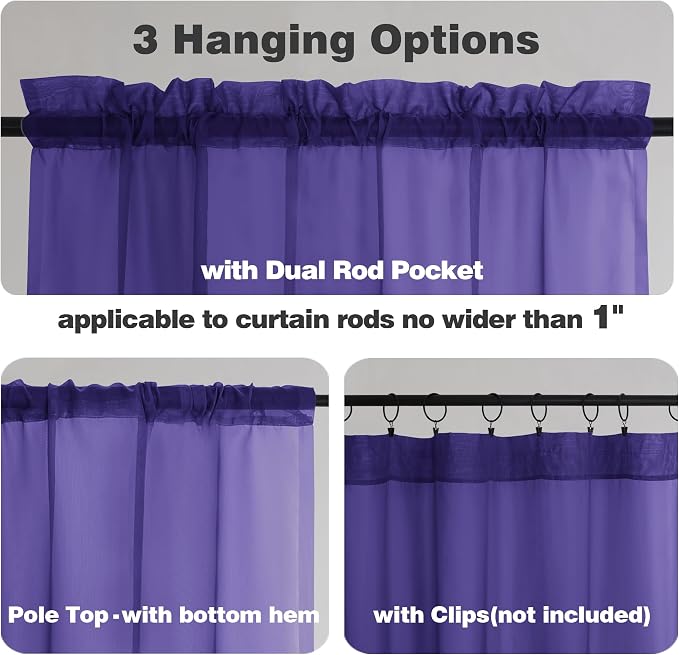 Chyhomenyc Purple Sheer Curtains 54 Inch Long 2 Panels, Light Filtering Rod - Image 3