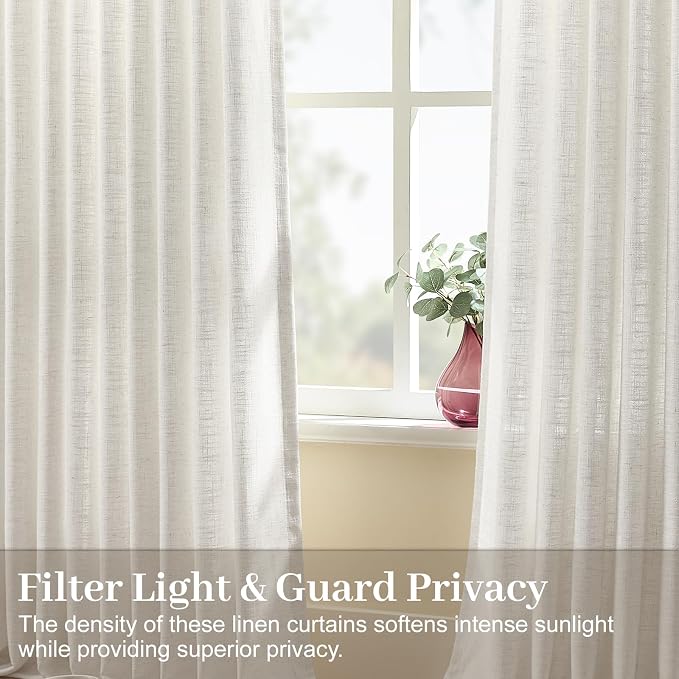 96 Inch Linen Curtains for Living Room, Light Filtering Pinch Pleated Semi - Image 2