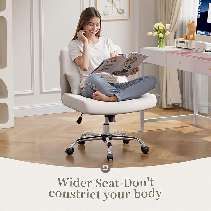Warmiehomy Criss Cross Office Chair with Wheels, Velvet Cross-Legged Desk Chairs for Home, Height Adjustable Swivel Wide Seat Computer Chair, Modern Armless Vanity Chair for Girls Women, White