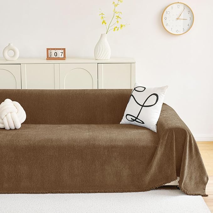 hyha Couch Cover for Dogs, Boho Sofa Covers for 3 Cushion Couch Washable, Chenille Sofa Slipcover for Pets, Soft Loveseat Sectional Couch Throw Blankets with Tassels (Chocolate, 88.5x150 Inch)
