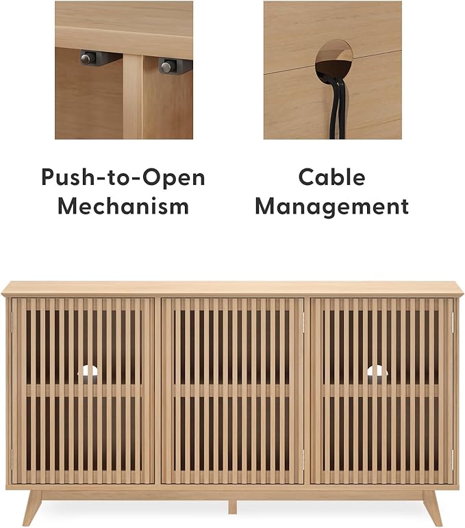 Plank+Beam Mid-Century Modern Wood TV Stand, Three Door Solid Wood Entertainment Console with Storage, 59" L x 16" W x 30" H, Blonde