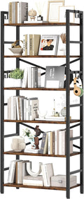 6 Tier Bookshelf, Industrial Bookcase with 8 Hooks, Vintage Storage Rack with Open Shelves, Rustic Standing Bookshelves Metal Frame Display Rack for Living Room, Bedroom, Rustic Brown