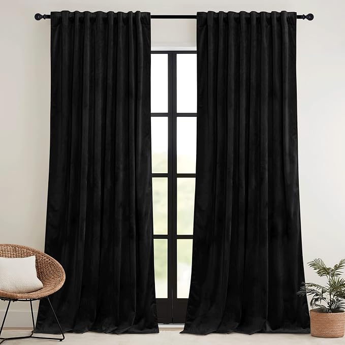 RYB HOME Black Velvet Curtains 96 inch, W52 x L96 inch, 2 Panels - Image 2