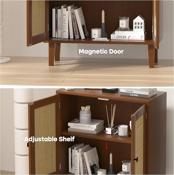 Bamboo Sideboard Buffet Cabinet with Rattan 2 Doors Kitchen Cupboard Accent Entryway Living Room Cabinet Chestnut Brown
