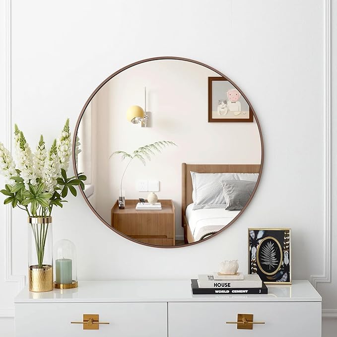 30 inch Circle Wall Mirror, Brushed Bronze Metal Framed Round Mirror for Bathroom Vanity, Bedroom Decor, Living Room, Entryway