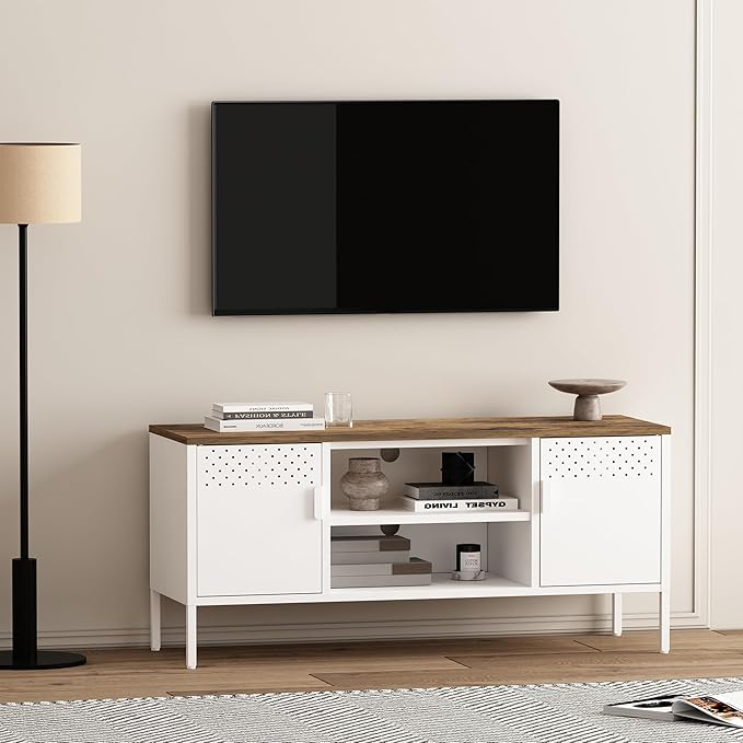 Manhattan Comfort Landen 47" Modern Metal TV Stand with Storage Cabinets & Open Shelves, Holds Up to 40" Screen, TV Console with Natural Wood Top, Cable Management, Adjustable Legs, White