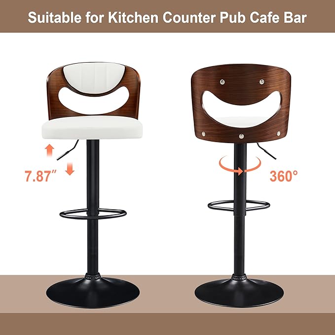 VECELO BarStools Set of 4,Kitchen Island Stools with Bentwood Back,Arm&Footrest,Counter Height Bar Chairs PU Leather Cushion Seat Adjustable Height 360°Swivel,Island Chairs for Club Pub,Creamy White