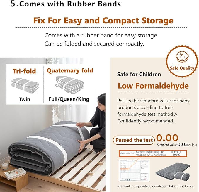 EMOOR Japanese Wool-Blend Padded Futon Mattress GOMA Twin Dark Gray, Gusset Foldable Sotrable Elastic Bands Floor Sleeping Guest Bed Tatami Mat