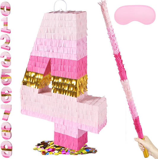 PCFING 20 Inch Number 4 Piñata Pink Gold with 30 Inch Piñata Stick Blindfold Confetti for Boys Girls Adults Birthday Party Decorations, Anniversary Celebration, Fiesta