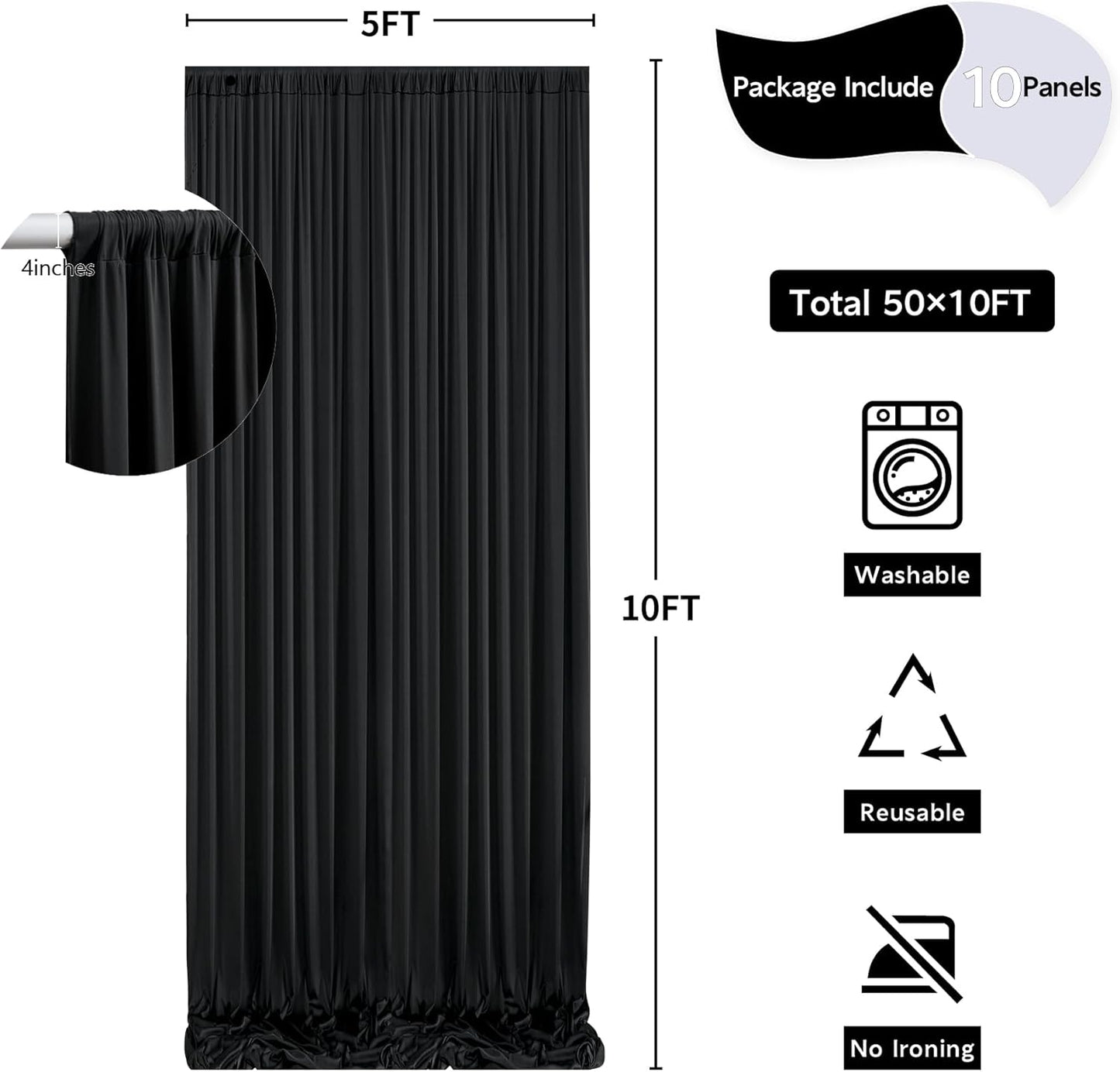 50 ft x 10 ft Wrinkle Free Black Backdrop Curtain for Parties, 10 Panels Polyester Black Photo Backdrop Drapes for Graduation Birthday Wedding Party Stage Curtains, Thick Bulk Background Curtains
