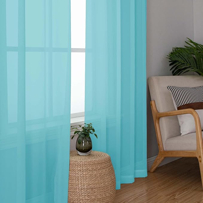 OWENIE Short Aqua Sheer Curtains 30 Inch Length 2 Panels Set, Kitchen Curtains - Image 3