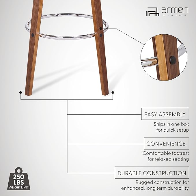 Armen Living Shelly 26" Counter Height Swivel Cream Faux Leather and Walnut Wood Bar Stool - Set of 2