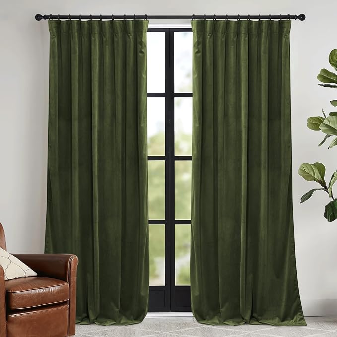 RYB HOME Olive Green Velvet Curtains - Image 2