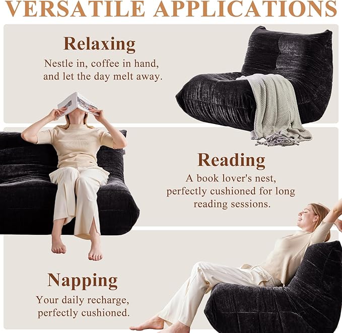 Bean Bag Chair, Fireside Chair Big Bean Bag Sofa for Adults/Teens, Memory Foam Bean Bag Gaming Chairs with Comfy Design & Premium Fabric, Lazy Floor Sofa for Living Room, Bedroom, Dark Gray
