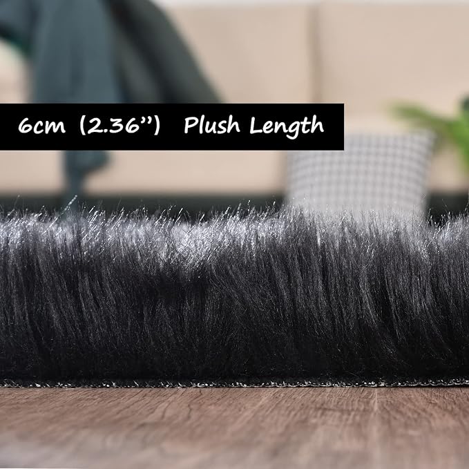 Goolela Black Faux Sheepskin Fur Rug 4x6 Fuzzy Furry Area Rug Black Fluffy Soft - Image 3