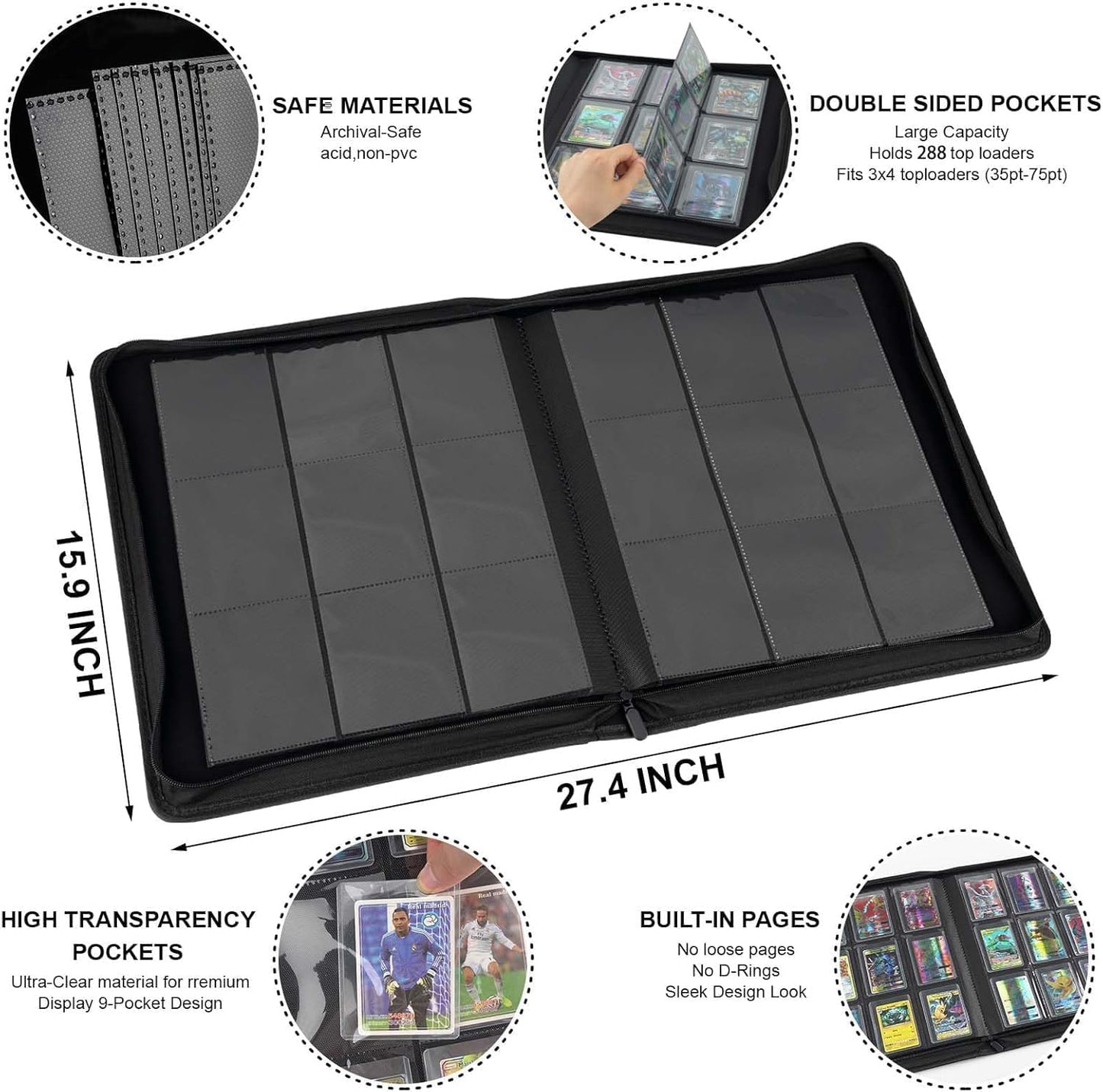 Toploader Binder with 9-Pocket Pages, Holds 288 "3×4" Rigid Toploader Hard Cases, Card Holder for Collectible Cards or Sports Cards, Durable Sleeves for Storage & Display (Emerald)