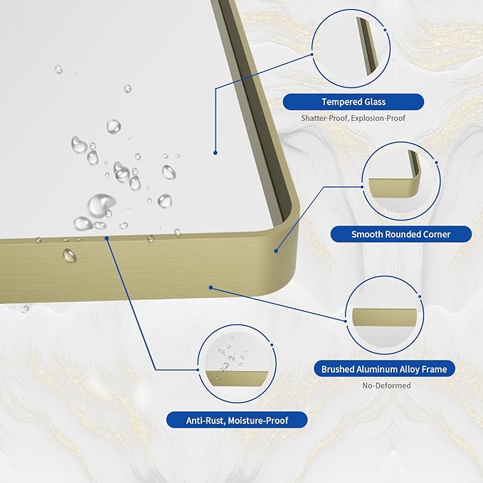 WEER Gold Bathroom Mirror, 20X30 Inch Brushed Gold Metal Frame Mirror, Rounded Rectangle Gold Bathroom Vanity Mirror for Wall, Tempered Glass, Anti-Rust, Hangs Horizontally or Vertically