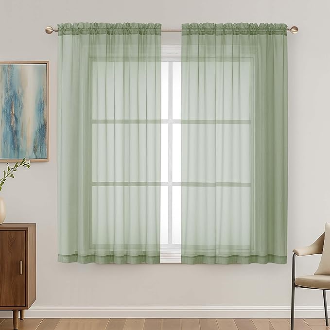 OVZME Sage Green Sheer Curtains 63 Inches Long 2 Panels Set, Light Filtering by OVZME