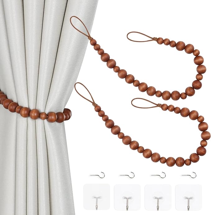 OCIOLI 2 Pieces Curtain Tieback Wood Bead Curtain Tiebacks Curtain Holdbacks by OCIOLI