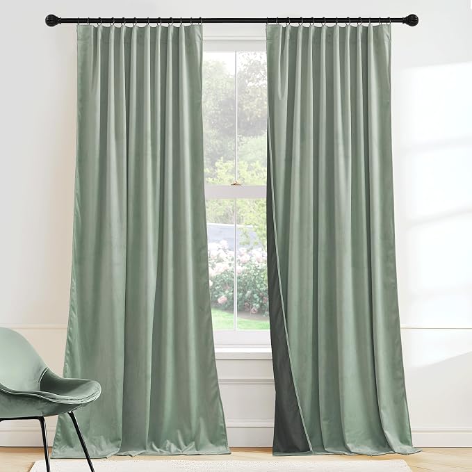 RYB HOME Mint Green Velvet Curtains 96 inches Long, Room Darkening, Floor-Length by RYBHOME