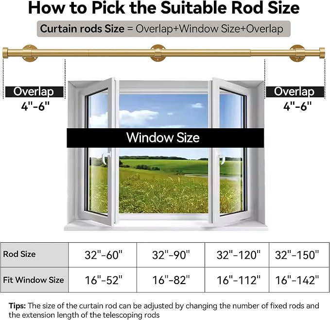 YaFex Heavy Duty Curtain Rods 32-120 Inch, 1 Inch Adjustable Gold Curtain Rod - Image 6