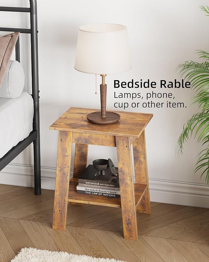 Garvee End Table, Set of 2, Side Table with 2-Tier Storage Shelf, Sofa Table for Small Space, Square Nightstand for Entryway, Farmhouse, Living Room, Easy Assembly, Rustic Brown